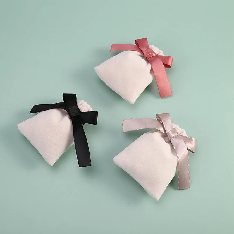 10pcs Beige Velvet Jewelry Packaging Pouches Bags Small Gift Ribbon Drawstring Bags Necklace Bracelet Earrings Storage Bag