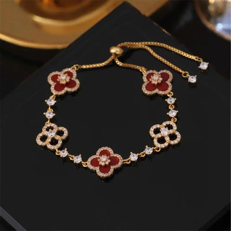 DGTQYQ Cherry Blossom Pink Mother of Pearl Clover Bracelet, Inlaid with Micro Zirconia, Hollowed Out Design Color Lucky Bracelet
