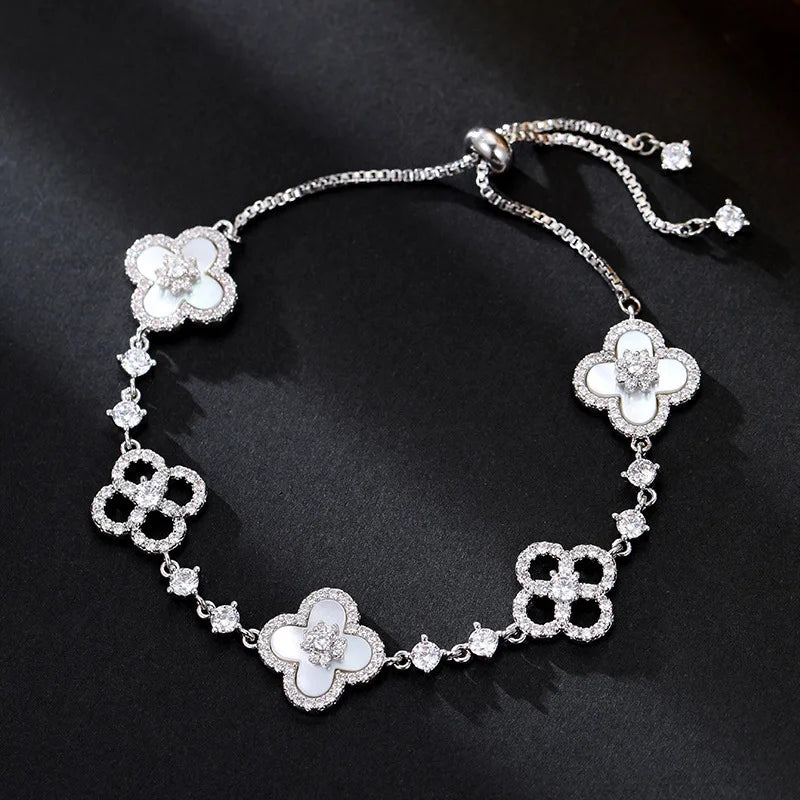 DGTQYQ Cherry Blossom Pink Mother of Pearl Clover Bracelet, Inlaid with Micro Zirconia, Hollowed Out Design Color Lucky Bracelet