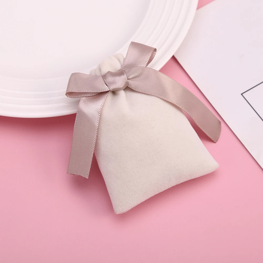 10pcs Beige Velvet Jewelry Packaging Pouches Bags Small Gift Ribbon Drawstring Bags Necklace Bracelet Earrings Storage Bag