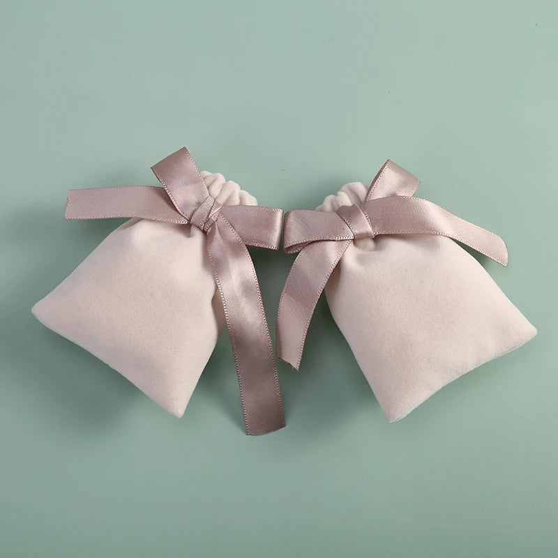 10pcs Beige Velvet Jewelry Packaging Pouches Bags Small Gift Ribbon Drawstring Bags Necklace Bracelet Earrings Storage Bag