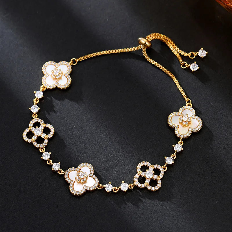 DGTQYQ Cherry Blossom Pink Mother of Pearl Clover Bracelet, Inlaid with Micro Zirconia, Hollowed Out Design Color Lucky Bracelet