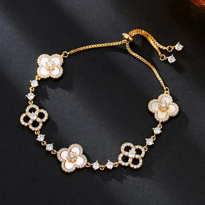 DGTQYQ Cherry Blossom Pink Mother of Pearl Clover Bracelet, Inlaid with Micro Zirconia, Hollowed Out Design Color Lucky Bracelet